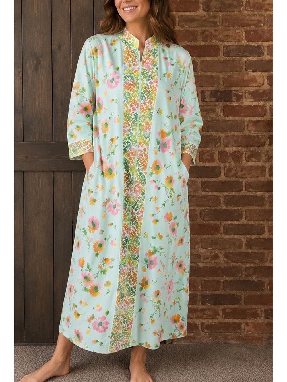 Vtg Evelyn Pearson Robe/Cover-Up Maxi 1/2 Zip Pockets Floral Palm Royal Beach M